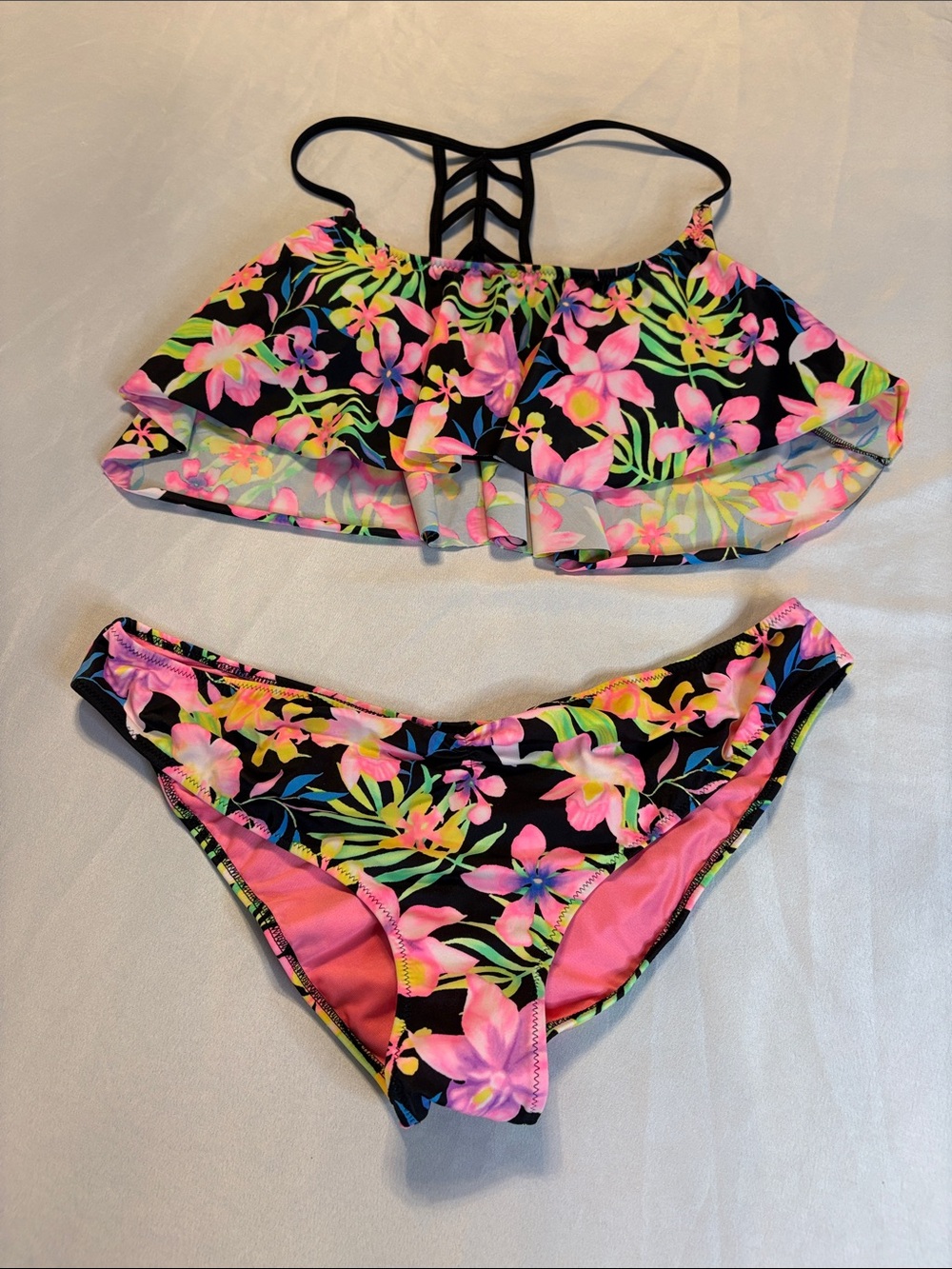 PINK Ruffle Bikini Set - Black with Pink & Neon Floral